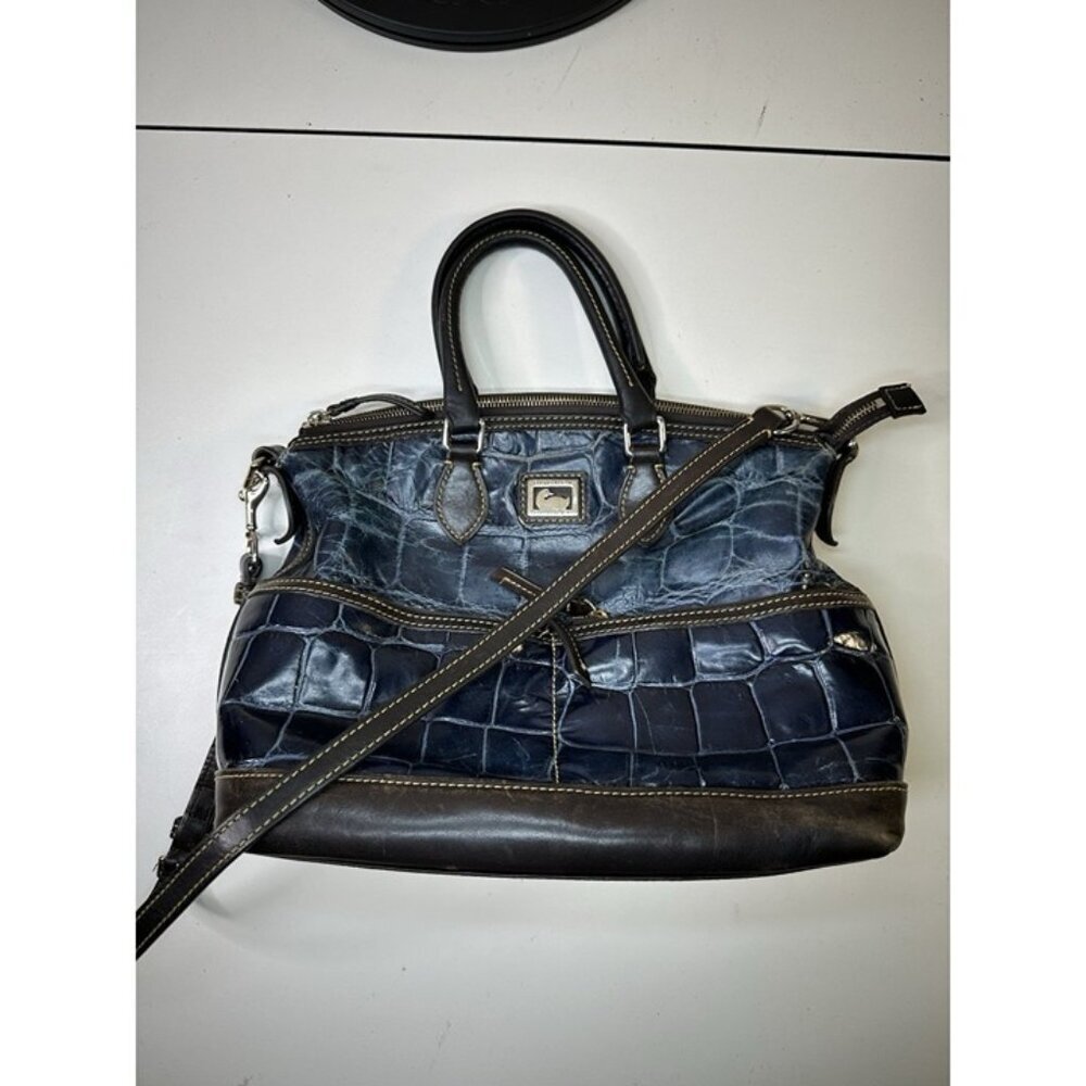 Dooney & Bourke Dillen Crocodile Double Pocket Satchel Navy distressed